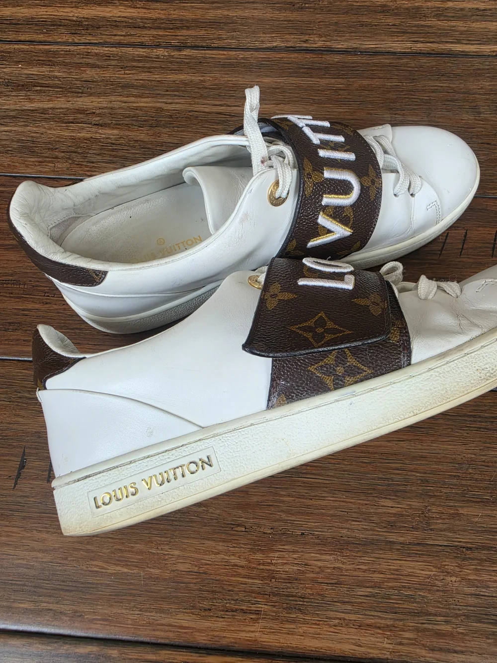 Louis Vuitton White Leather Low-Top Sneakers with Monogram Strap